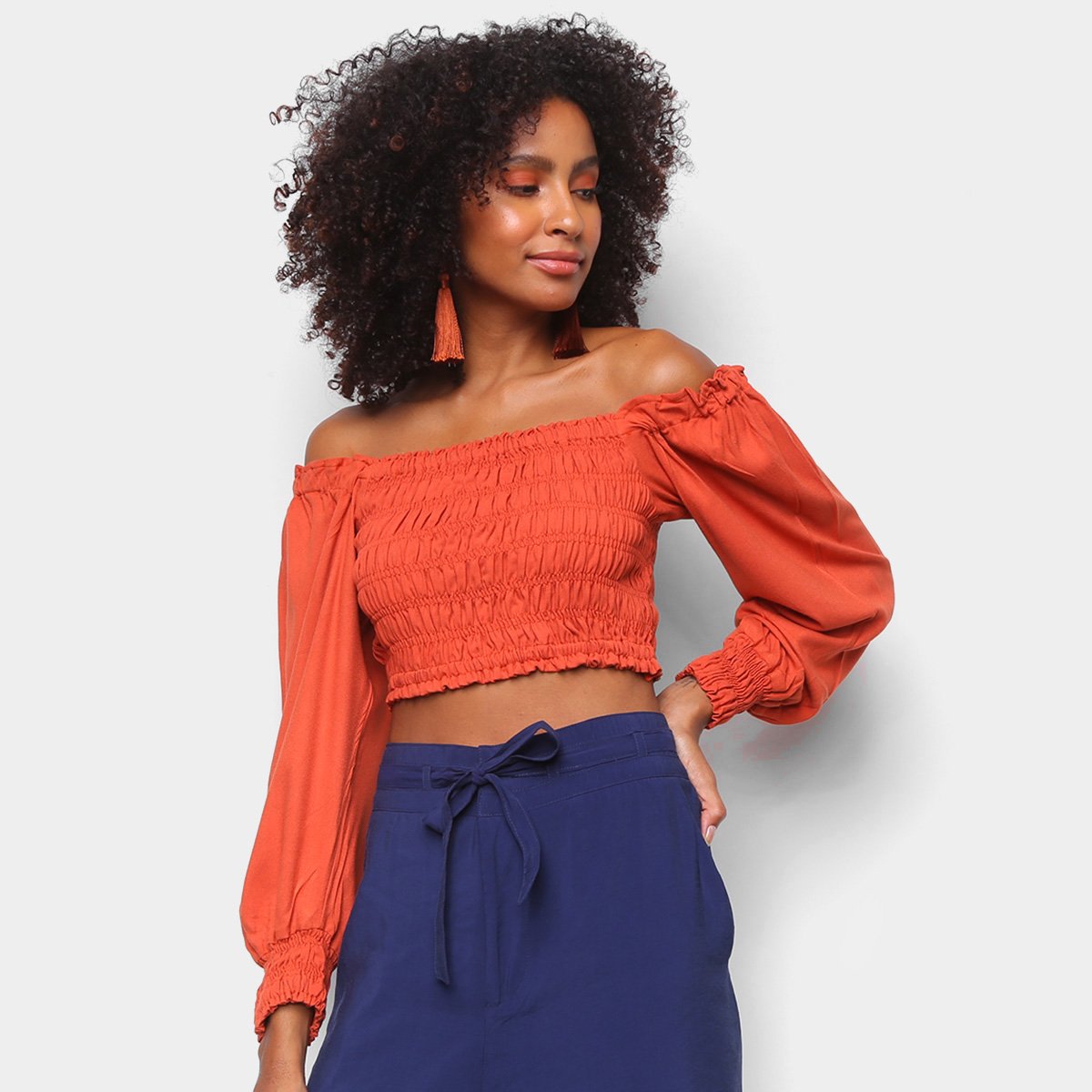 Blusa Cantão Crepe Manga Bufante Feminina - Laranja Menor preço em Blusa Cantão Crepe Manga Bufante Feminina - Laranja