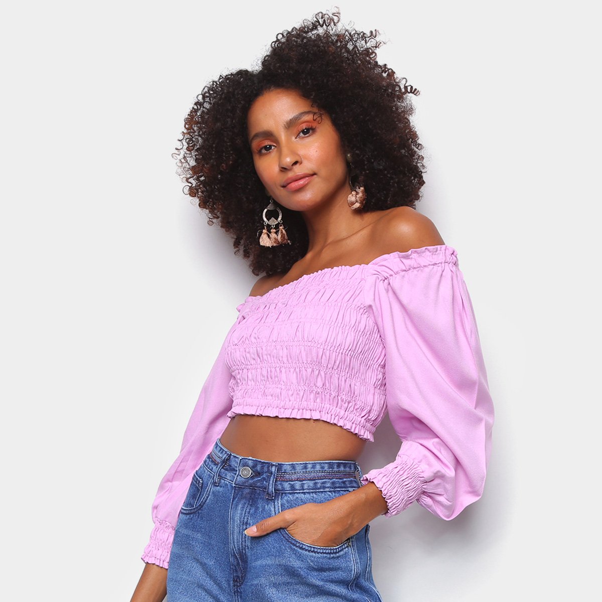Blusa Cantão Crepe Manga Bufante Feminina - Lilás Menor preço em Blusa Cantão Crepe Manga Bufante Feminina - Lilás