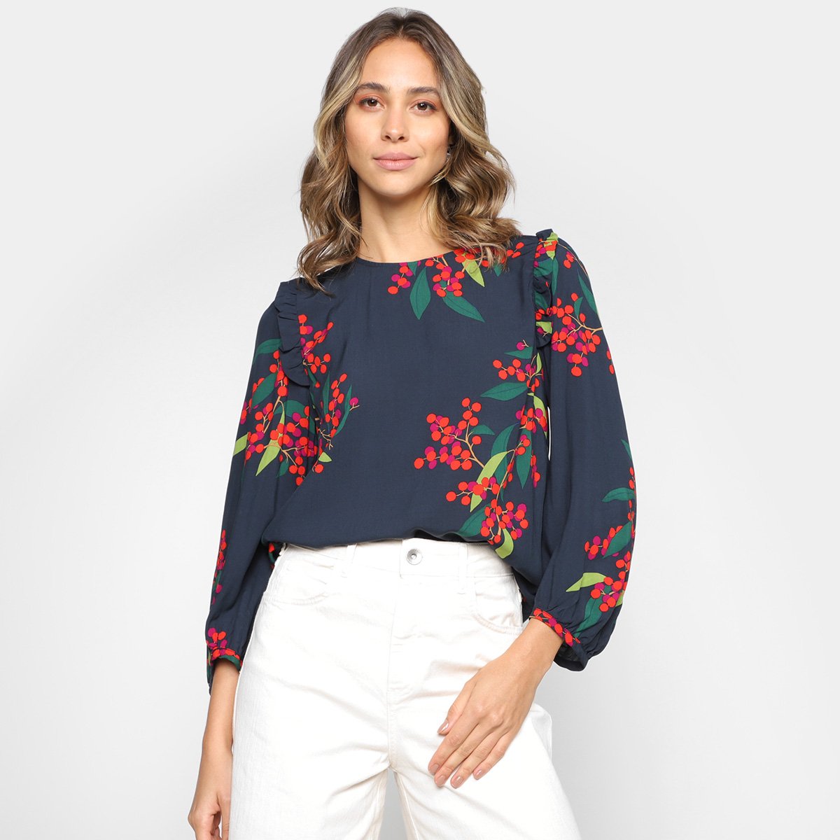 Blusa Cantão Floral Babado Manga Longa Feminina - Estampado Menor preço em Blusa Cantão Floral Babado Manga Longa Feminina - Estampado