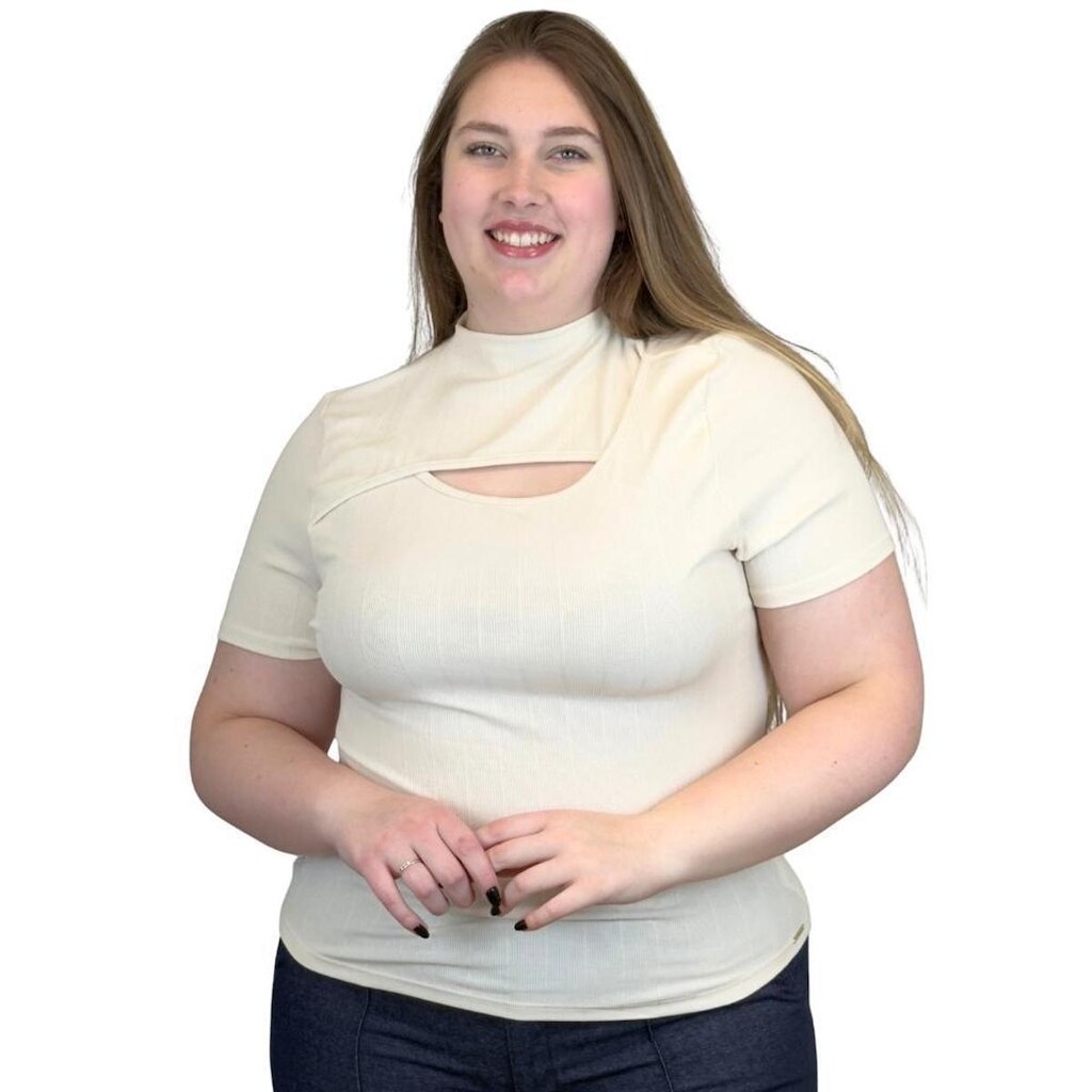 Blusa Cativa Plus Size Canelada Manga Curta Gola Alta Feminina