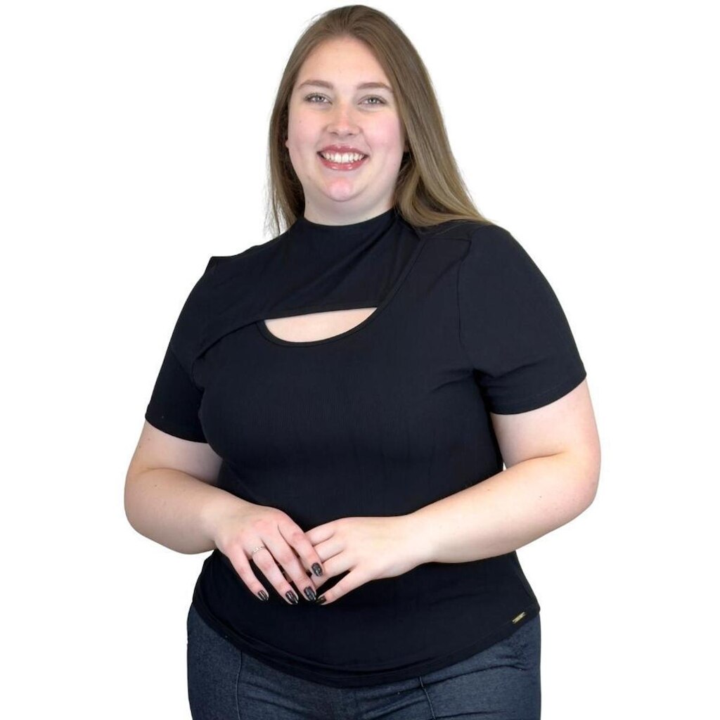 Blusa Cativa Plus Size Canelada Manga Curta Gola Alta Feminina