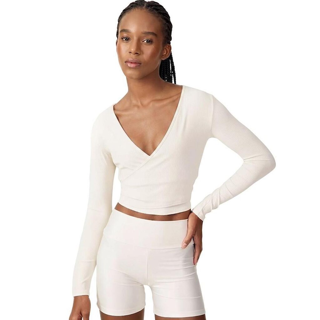 Blusa Colcci Cropped Canelada Transpassada Manga Longa Cinza Shiro Feminina