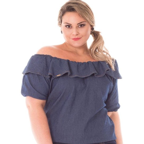 Blusa Confidencial Extra Plus Size Ciganinha Jeans Feminina Zattini