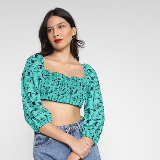 Blusa Cropped Animale Estampado Abertura Costas Feminina