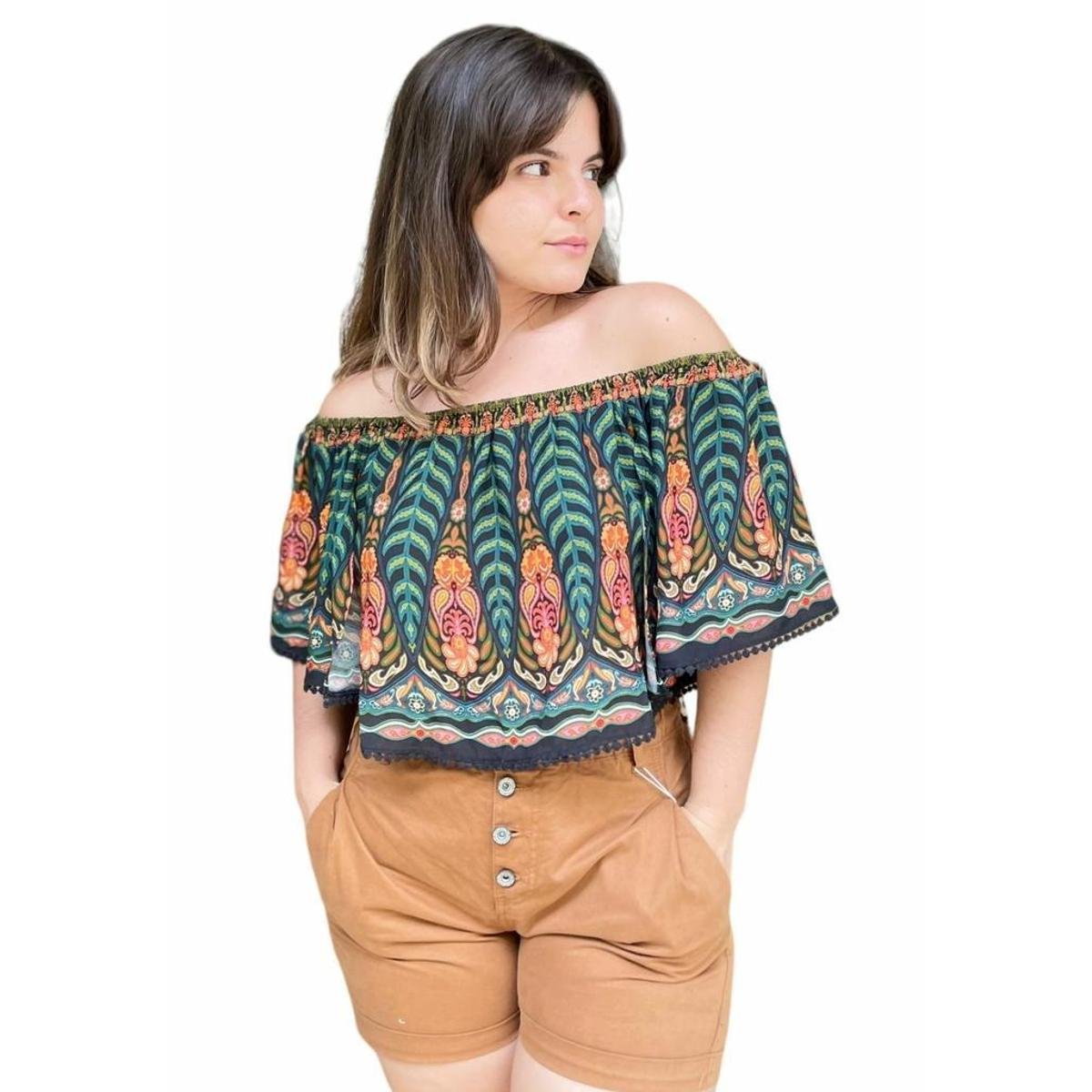 Blusa Cropped Ciganinha Farm Estampada Conto Da Sereia G - Estampado Menor preço em Blusa Cropped Ciganinha Farm Estampada Conto Da Sereia G - Estampado