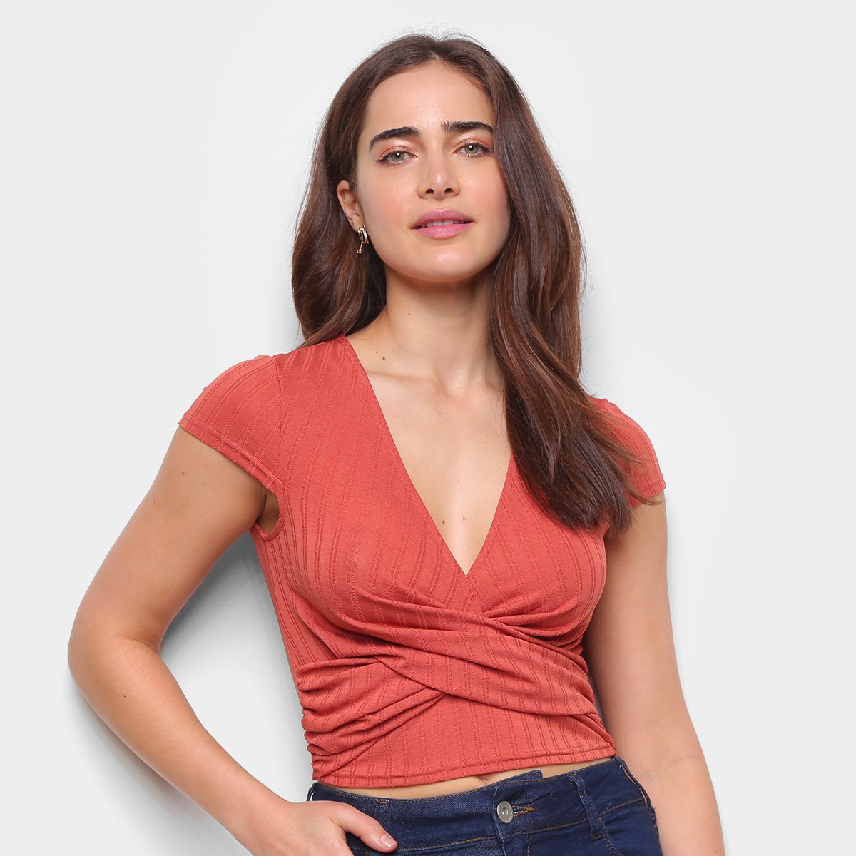Blusa Cropped Eagle Rock Transpassada Decote V Feminina - Marrom Claro Menor preço em Blusa Cropped Eagle Rock Transpassada Decote V Feminina - Marrom Claro