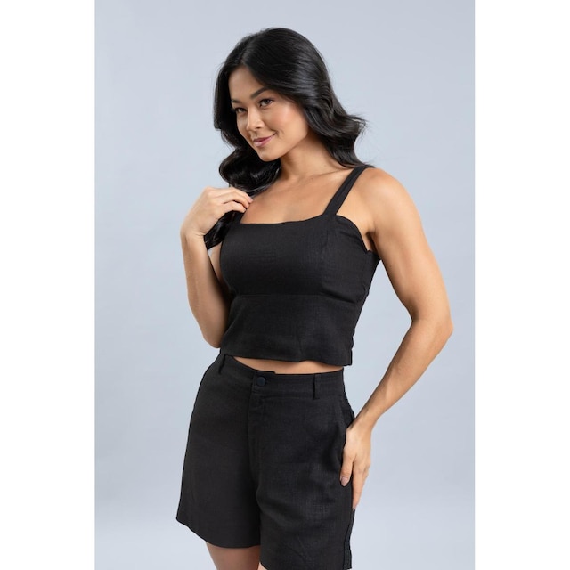 Blusa Cropped em Linho Feminina com Alças Dialogo