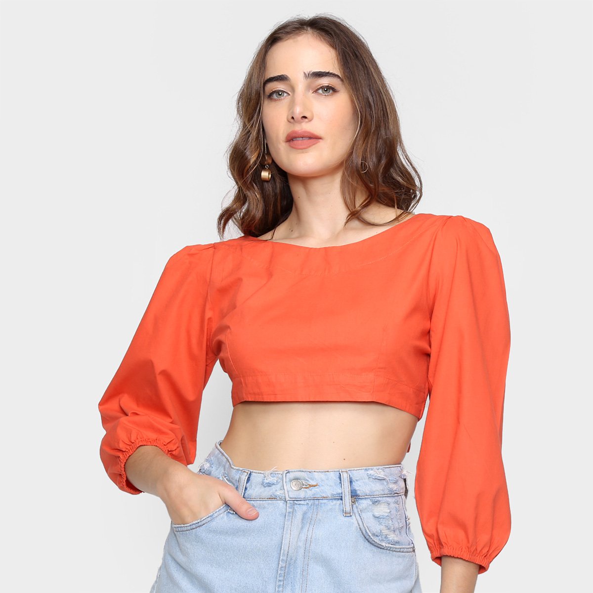 Blusa Cropped Farm Manga Franzida Feminina - Vermelho Menor preço em Blusa Cropped Farm Manga Franzida Feminina - Vermelho