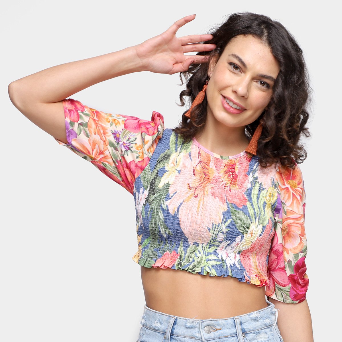 Blusa Cropped Farm Patch Chita Feminina - Azul Menor preço em Blusa Cropped Farm Patch Chita Feminina - Azul