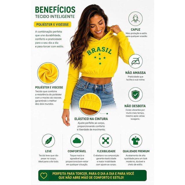 Blusa Cropped Feminina Brasil com Capuz Manga Longa Casual Torcida Poliéster e Viscose