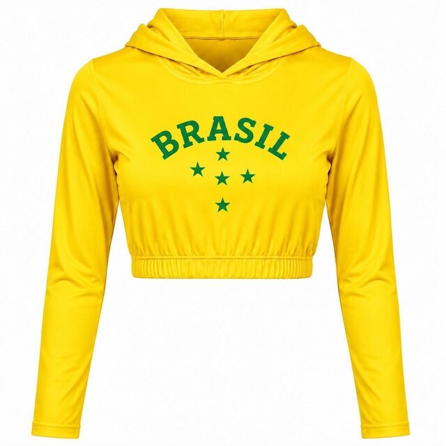 Blusa Cropped Feminina Brasil com Capuz Manga Longa Casual Torcida Poliéster e Viscose
