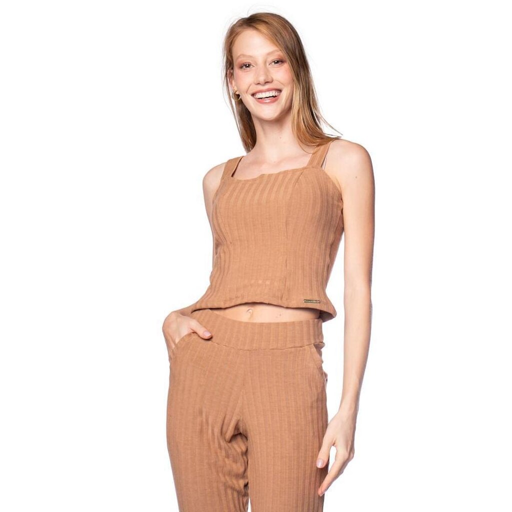 Blusa Cropped Feminina Bruna E Bia Texturizada Marrom Claro
