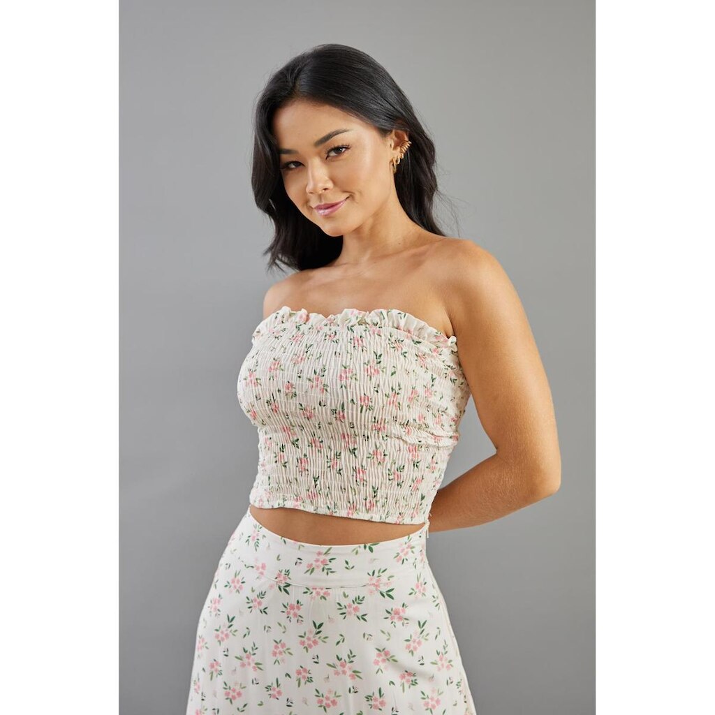 Blusa Cropped Feminina Floral sem Alça em Lastex Dialogo