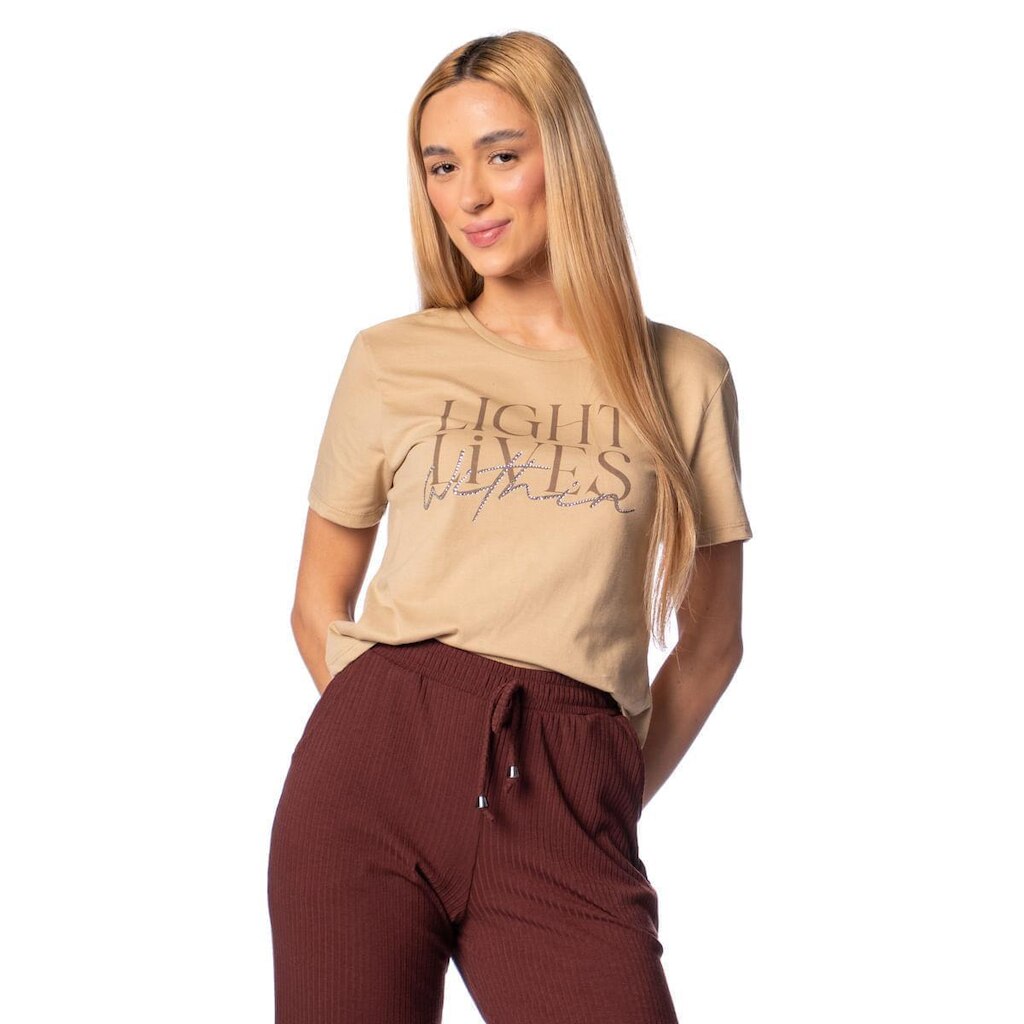 Blusa Cropped Feminina Habana Estampa Com Strass Bege Escuro