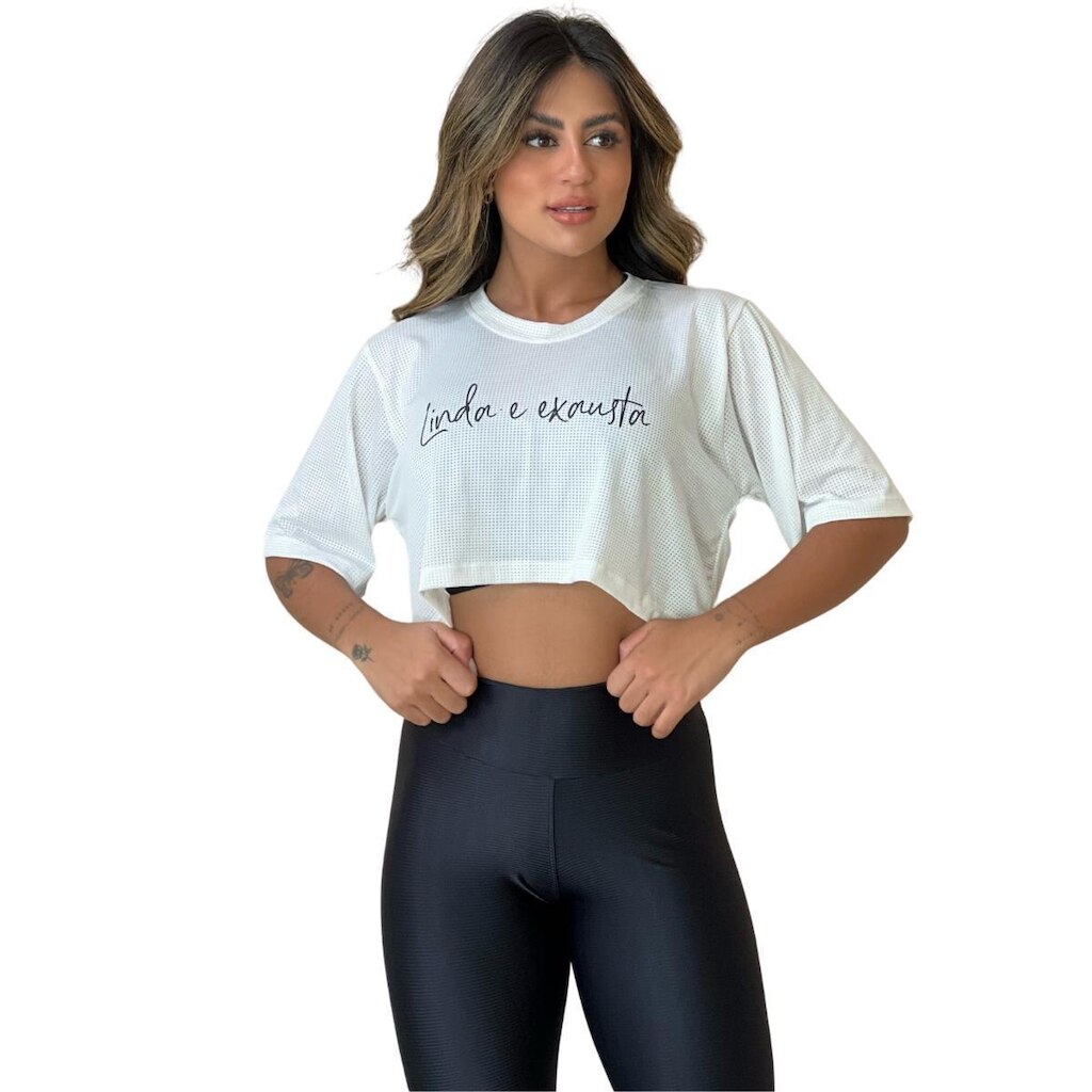 Blusa Cropped Feminino Dry Academia Manga Curta Furadinho Fitness