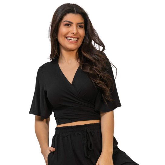 Blusa Cropped Feminino Transpassado em Malha Zattini