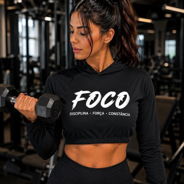Blusa Cropped Fitness Feminino Poliester de Alto Desempenho Manga Longa com Capuz FOCO Academia