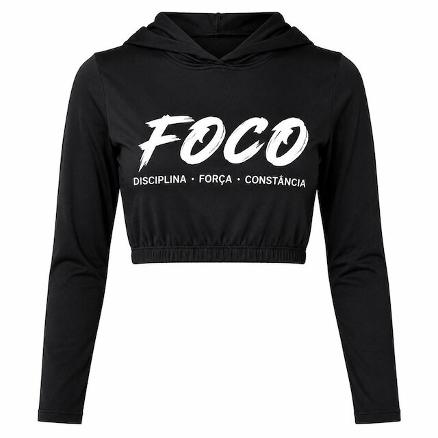 Blusa Cropped Fitness Feminino Poliester de Alto Desempenho Manga Longa com Capuz FOCO Academia