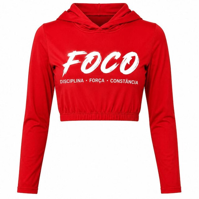 Blusa Cropped Fitness Feminino Poliester de Alto Desempenho Manga Longa com Capuz FOCO Academia