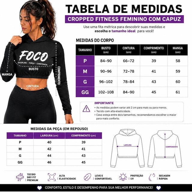 Blusa Cropped Fitness Feminino Poliester de Alto Desempenho Manga Longa com Capuz FOCO Academia