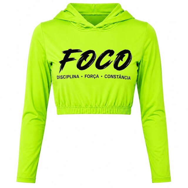 Blusa Cropped Fitness Feminino Poliester de Alto Desempenho Manga Longa com Capuz FOCO Academia