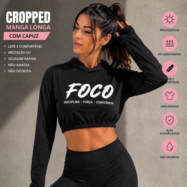 Blusa Cropped Fitness Feminino Poliester de Alto Desempenho Manga Longa com Capuz FOCO Academia