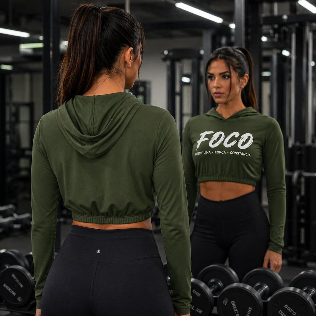 Blusa Cropped Fitness Feminino Poliester de Alto Desempenho Manga Longa com Capuz FOCO Academia