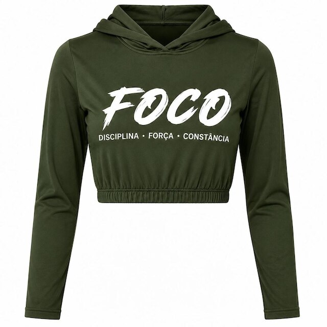 Blusa Cropped Fitness Feminino Poliester de Alto Desempenho Manga Longa com Capuz FOCO Academia