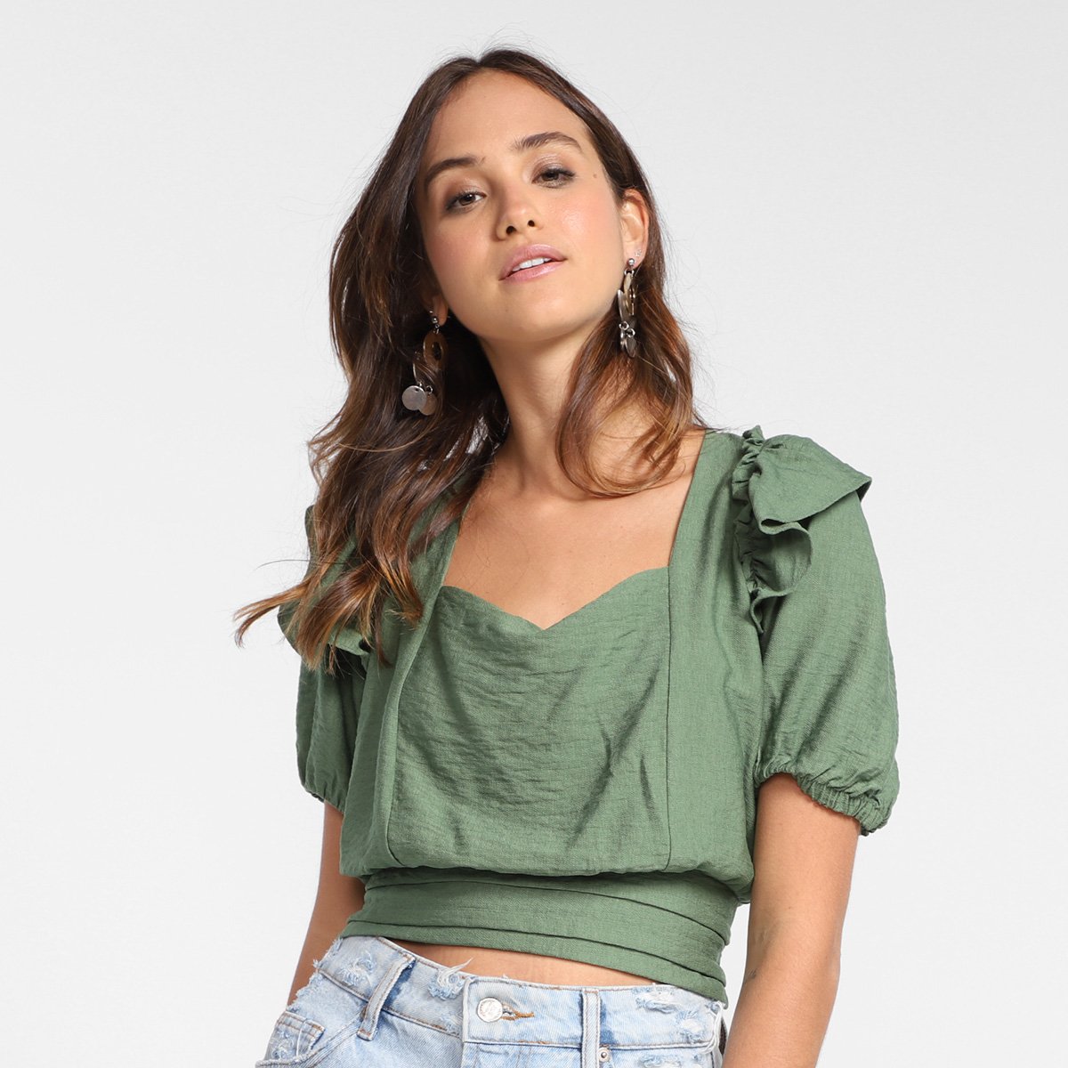 Blusa Cropped Il Shin Must Have Manga Bufante Feminina - Verde Menor preço em Blusa Cropped Il Shin Must Have Manga Bufante Feminina - Verde