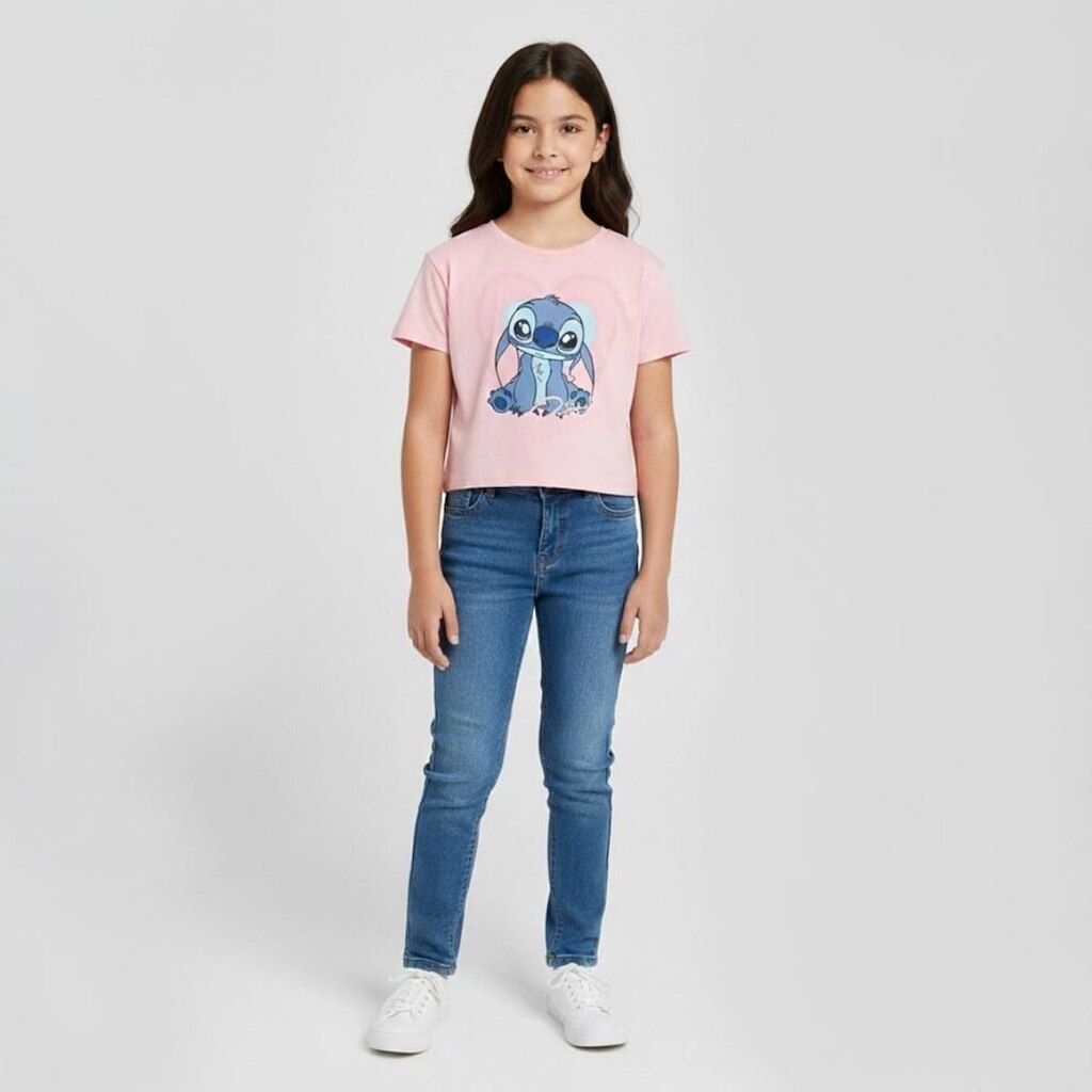 Blusa Cropped Infantil Menina Manga Curta Brandili Stitch