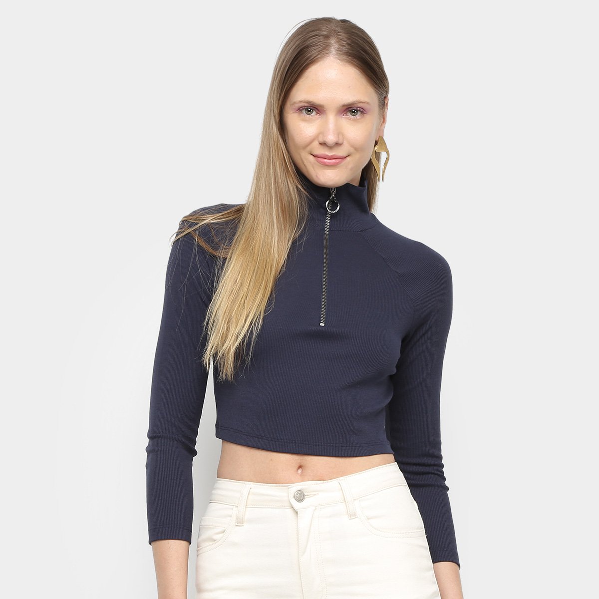 Blusa Cropped Lança Perfume Canelada Manga Longa Feminina - Azul Menor preço em Blusa Cropped Lança Perfume Canelada Manga Longa Feminina - Azul