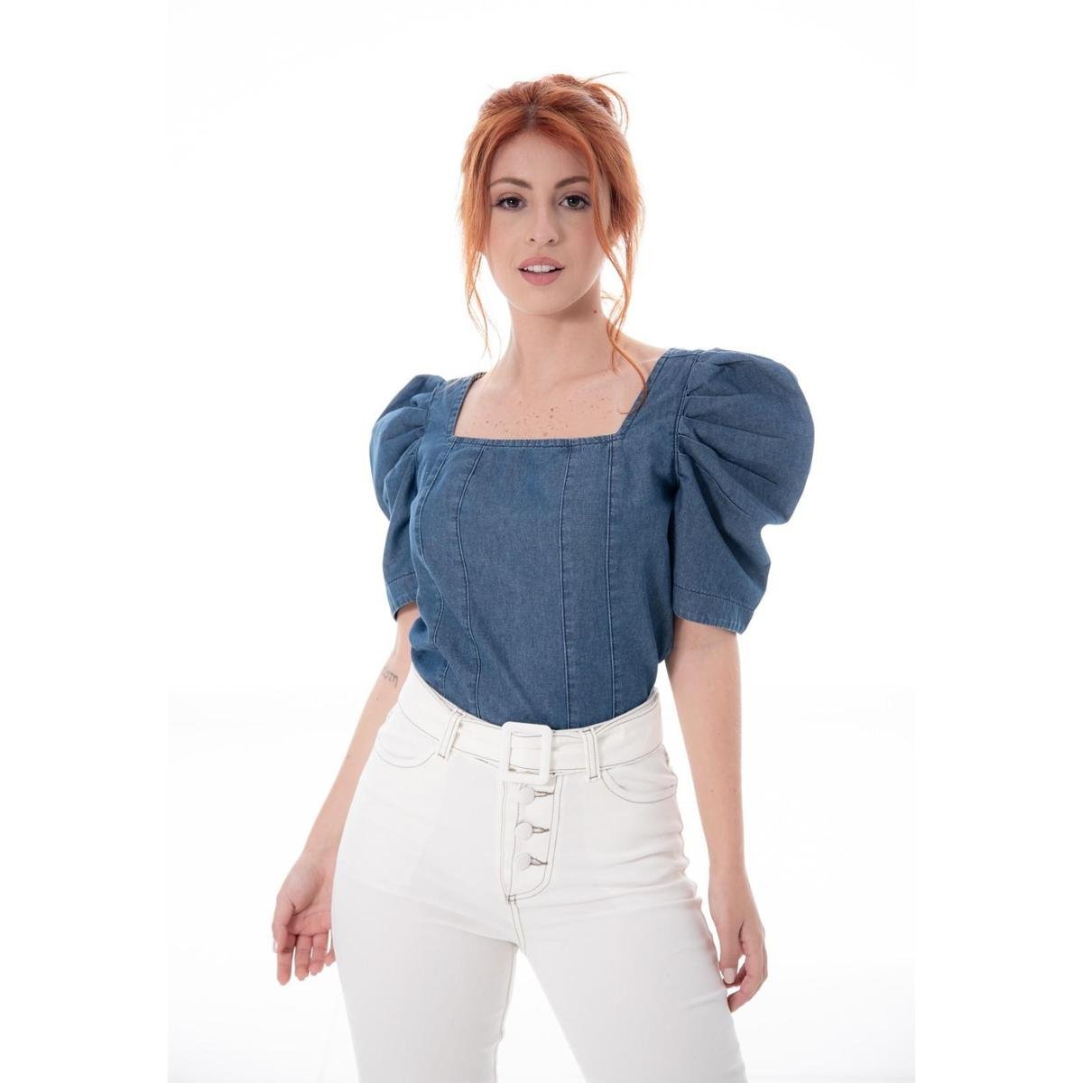 Blusa Cropped Manga Bufante Jeans - Azul Menor preço em Blusa Cropped Manga Bufante Jeans - Azul