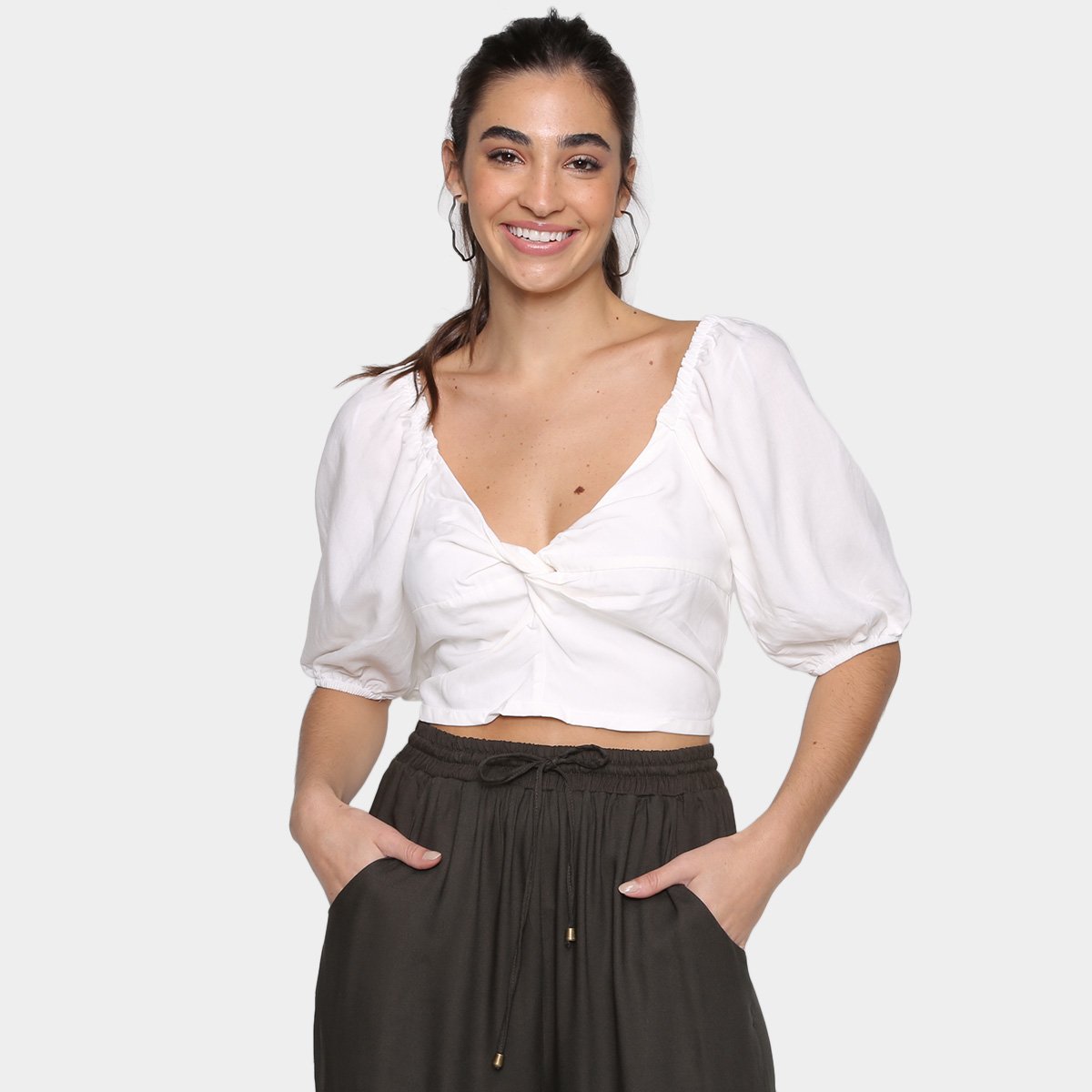 Blusa Cropped Mercatto Ombro a Ombro Feminina - Off White Menor preço em Blusa Cropped Mercatto Ombro a Ombro Feminina - Off White