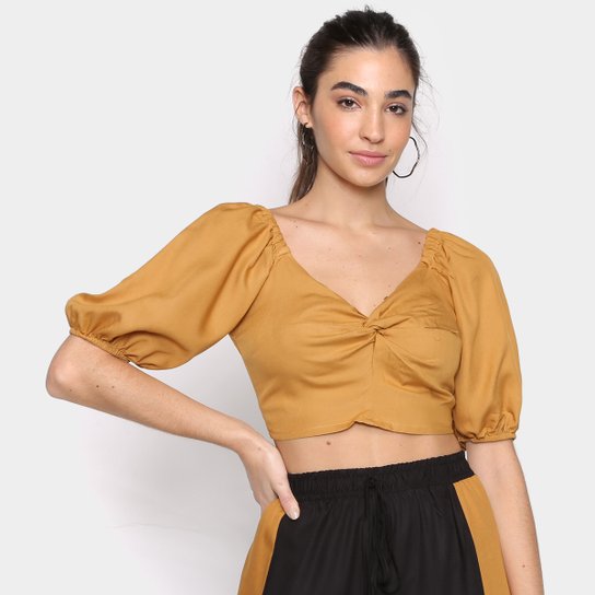 Blusa Cropped Mercatto Ombro a Ombro Feminina - Amarelo