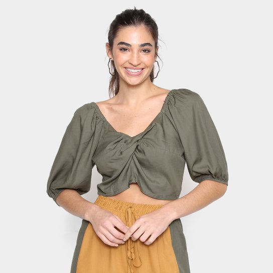 Blusa Cropped Mercatto Ombro a Ombro Feminina - Verde claro