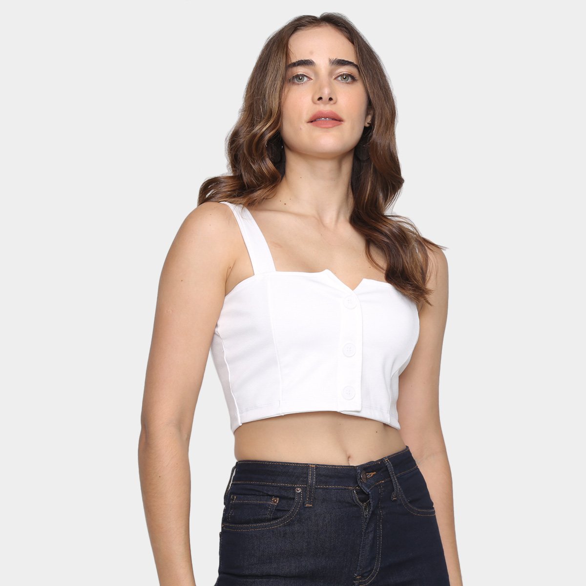 Blusa Cropped Moda Loka Botões Feminina - Off White Menor preço em Blusa Cropped Moda Loka Botões Feminina - Off White