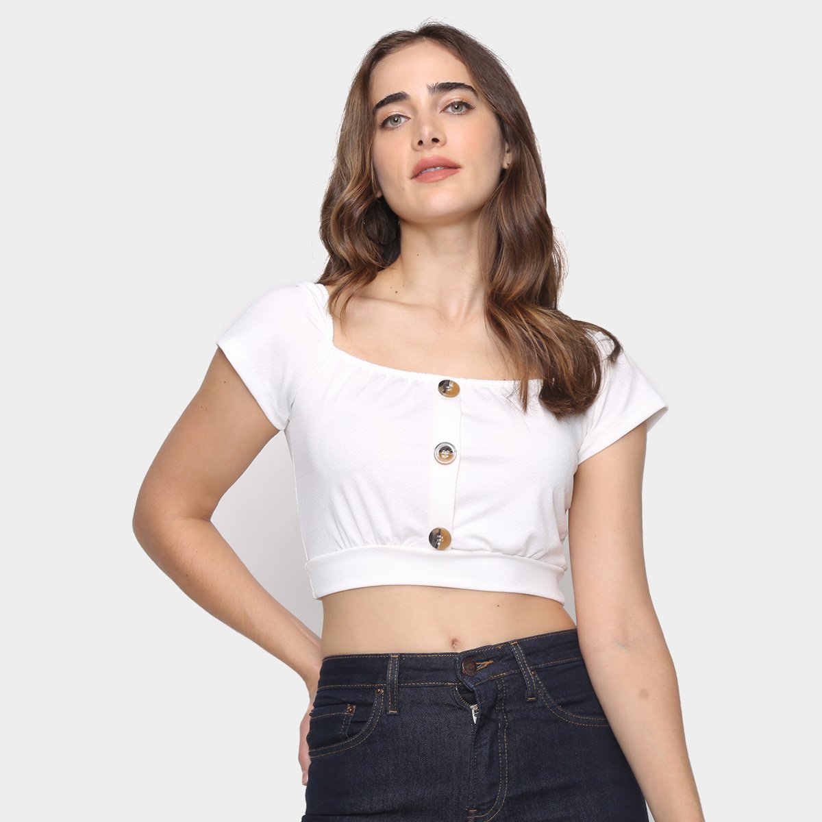 Blusa Cropped Moda Loka Botões Manga Curta Feminina - Off White Menor preço em Blusa Cropped Moda Loka Botões Manga Curta Feminina - Off White