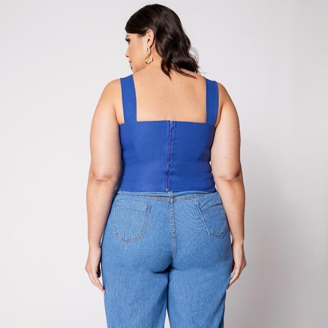 Blusa Cropped Plus com Aro em V e Bojo Azul