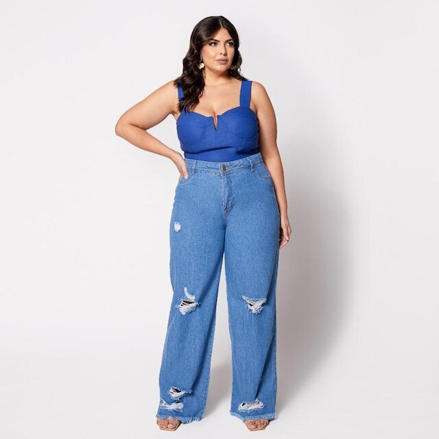 Blusa Cropped Plus com Aro em V e Bojo Azul