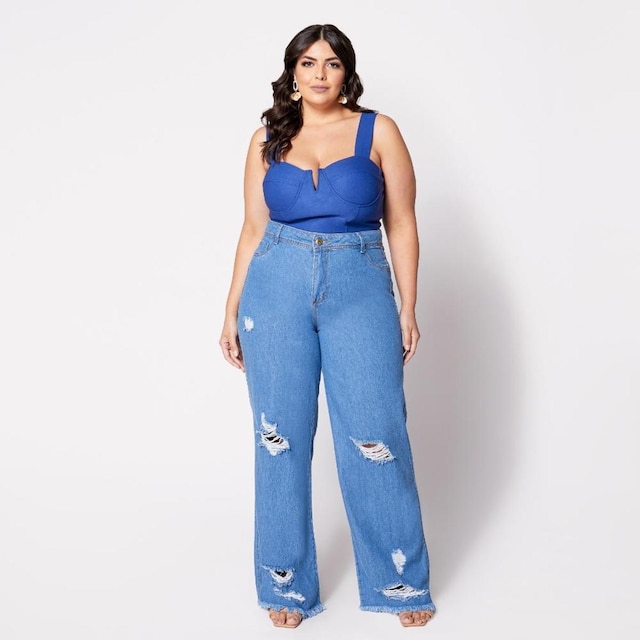 Blusa Cropped Plus com Aro em V e Bojo Azul
