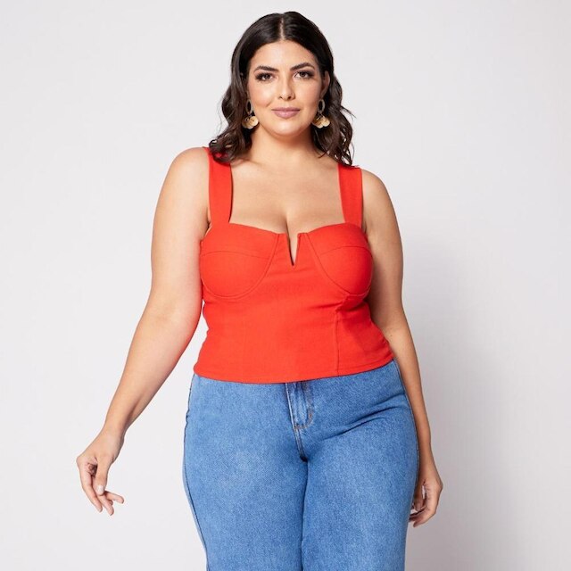 Blusa Cropped Plus com Aro em V e Bojo Laranja