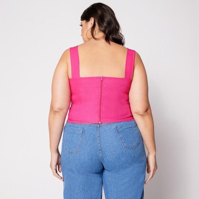 Blusa Cropped Plus com Aro em V e Bojo Rosa