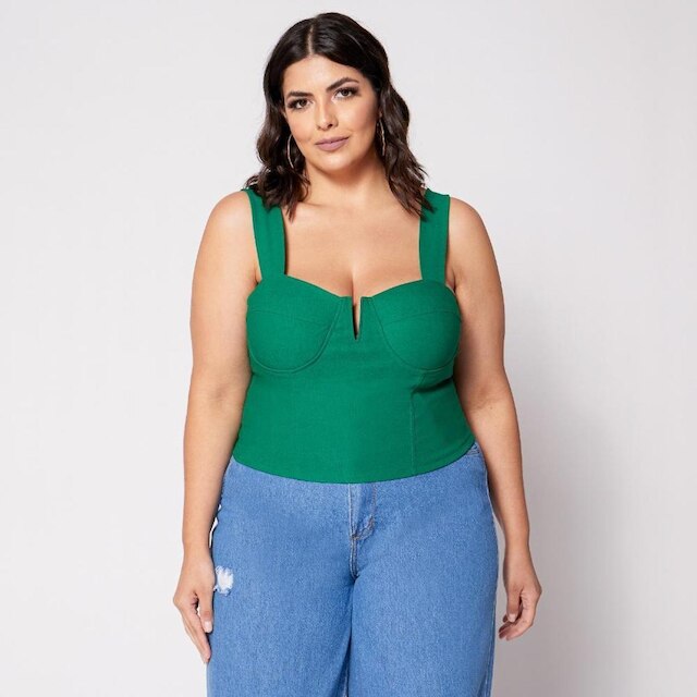 Blusa Cropped Plus com Aro em V e Bojo Verde