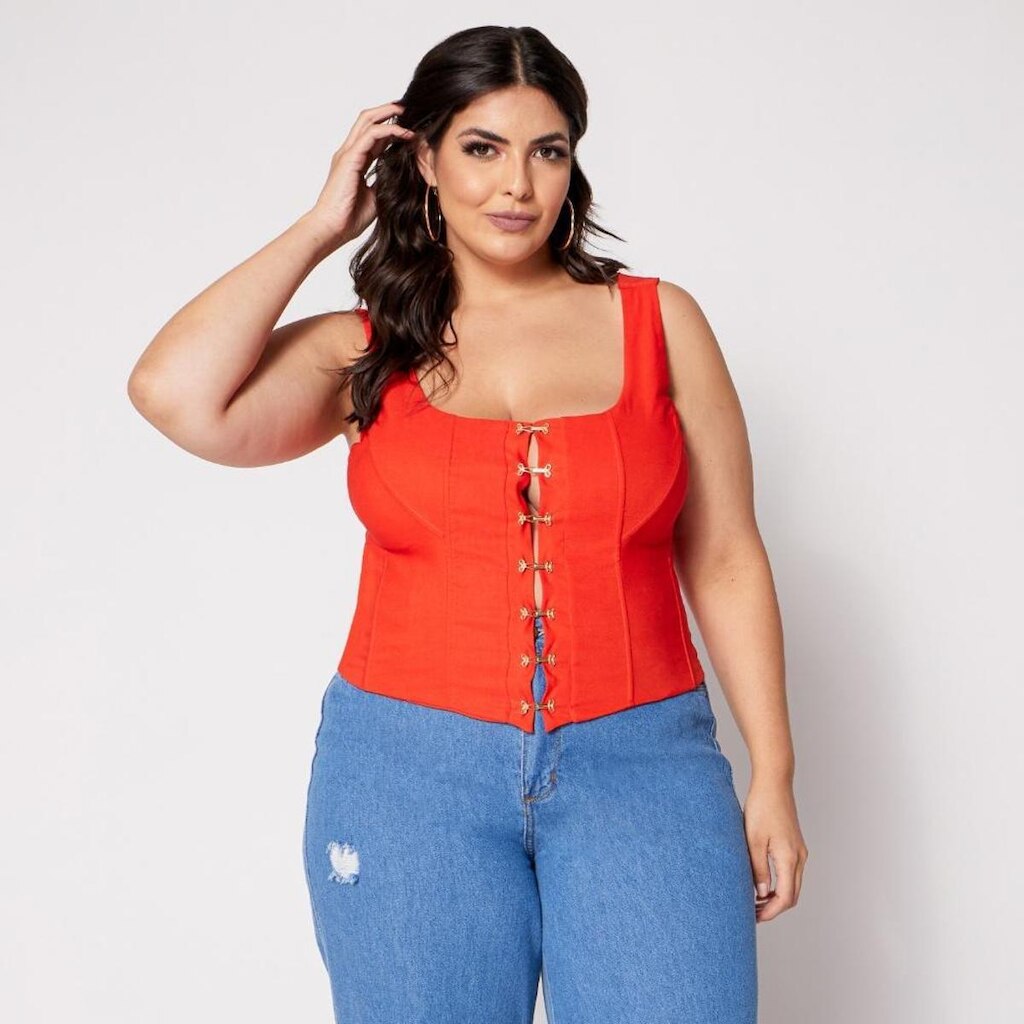 Blusa Cropped Plus Corset com Colchetes e Bojo Laranja