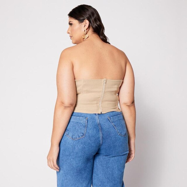 Blusa Cropped Plus Morcego com Bojo Bege