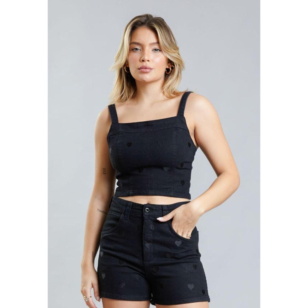 Blusa Cropped Regata de Sarja Preta Dialogo Jeans