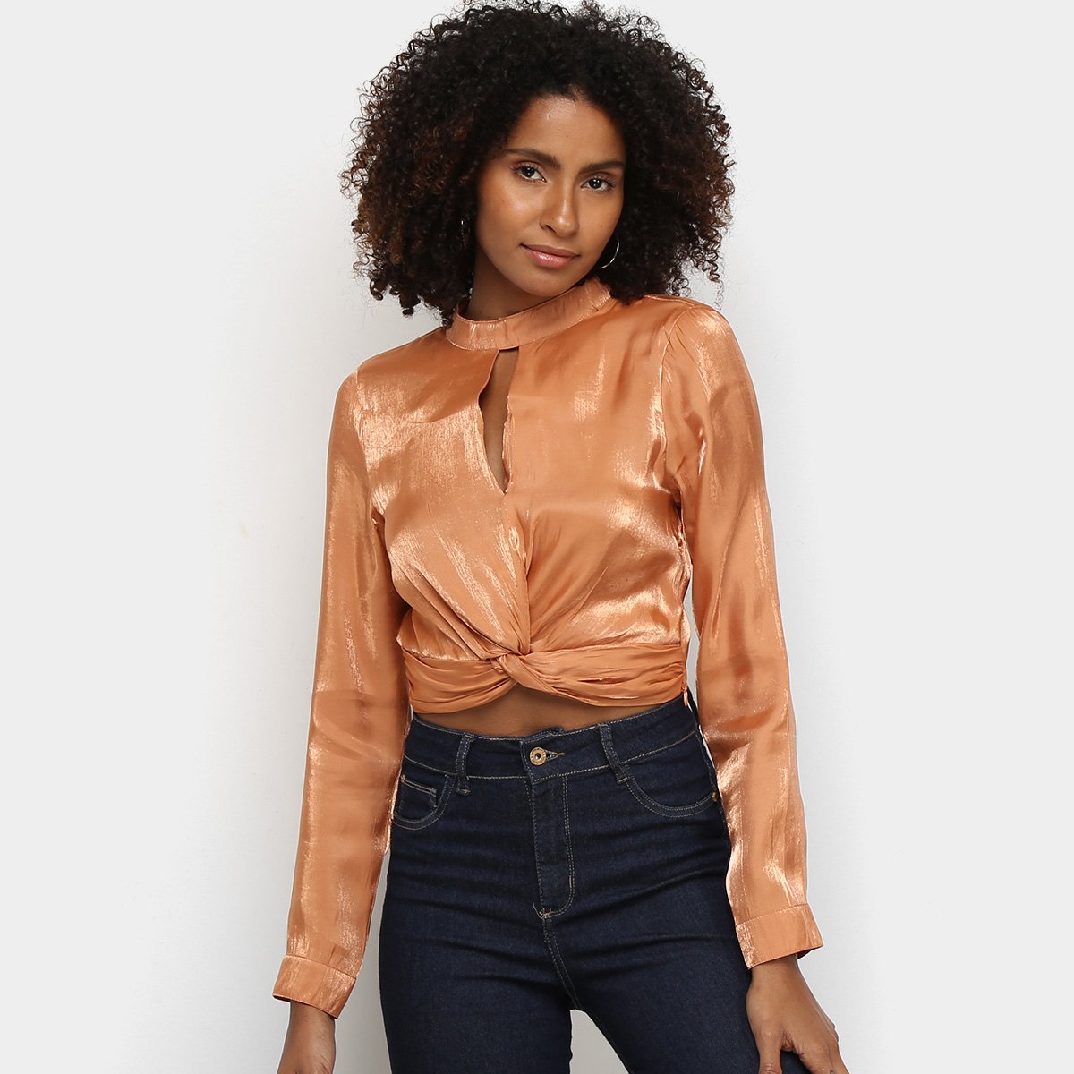 Blusa Cropped Road Mel Acetinada Manga Longa Feminina - Laranja Menor preço em Blusa Cropped Road Mel Acetinada Manga Longa Feminina - Laranja