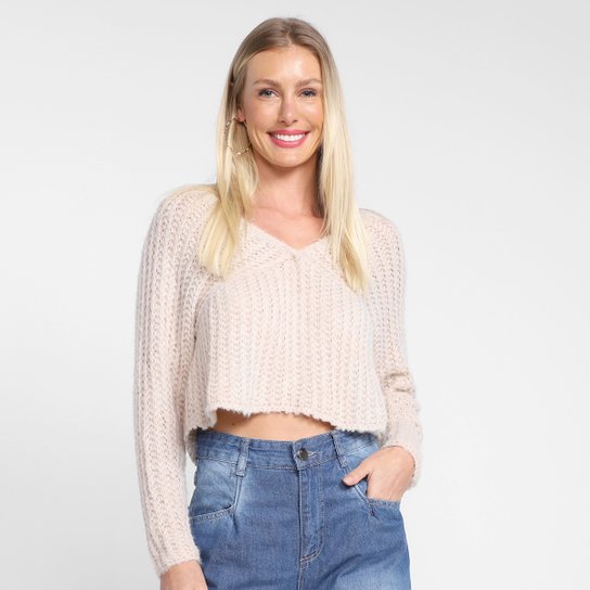 Blusa Cropped Tricô Colcci Manga Longa Feminina - Bege