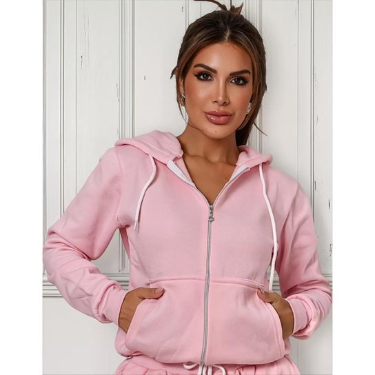 Blusa de frio feminina basica moletom com ziper e capuz lisa sem estampa
