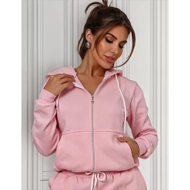 Blusa de frio feminina basica moletom com ziper e capuz lisa sem estampa